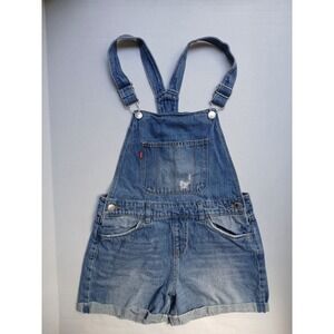 Levis Girls Denim Shortalls Bib Overall Shorts Distressed Size 14 Reg